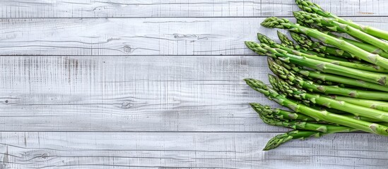 Poster - Close up top view photo of a bunch of fresh asparagus on a white and grey wooden background with empty space for text or other elements. Creative banner. Copyspace image