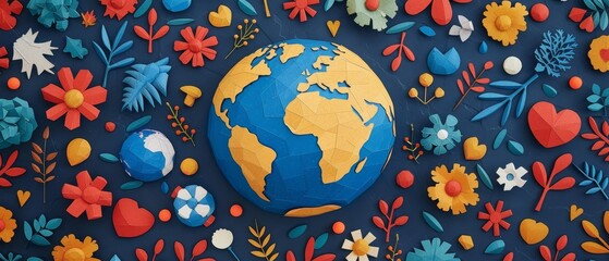 Wall Mural - earth day celebration colorful paper cutout flowers and globe on blue background for eco-friendly aw