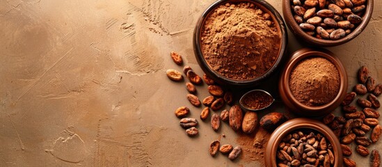 Poster - Cocoa beans powder and chocolate jars displayed on a bright background with room for a copy space image