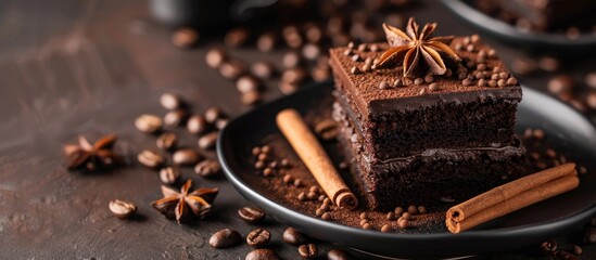 Poster - Delicious chocolate cake paired with aromatic black coffee topped with coffee beans cinnamon and anise star creating a visually appealing copy space image
