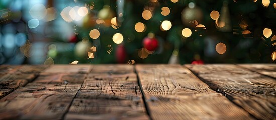 Aufkleber - Blurred background featuring a wooden table with ample copy space image for showcasing your product and a Christmas tree
