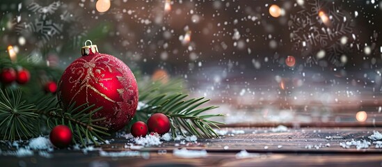 Fototapete - A Christmas ornament on a wooden background with snowflakes provides a festive copy space image for a greeting card conveying Merry Christmas and Happy New Year