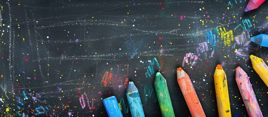 Aufkleber - Top view of vibrant chalk on a blackboard backdrop featuring a copy space image
