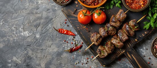 Poster - Top view of a beef kebab on a cutting board with BBQ seasoning tomato and spices on a gray background with copy space image