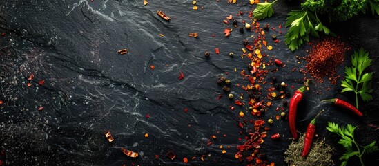 Poster - Top view of an array of vibrant spices like chili flakes mixed pepper parsley herbs and red paprika on a dark black slate background with copy space image