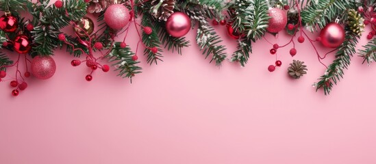 Poster - Artistic image of Christmas garland on a pink backdrop framing abundant copy space image