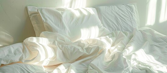 Poster - Detailed shot of white bed linens with copy space image