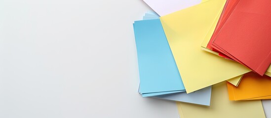 Fototapete - Colorful papers are displayed on a white table with plenty of space for text or images. Creative banner. Copyspace image