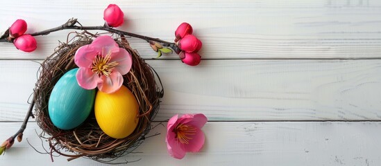 Fototapete - Colorful Easter eggs in a nest with a pink plum flower on a bright white wooden table provide a picturesque copy space image