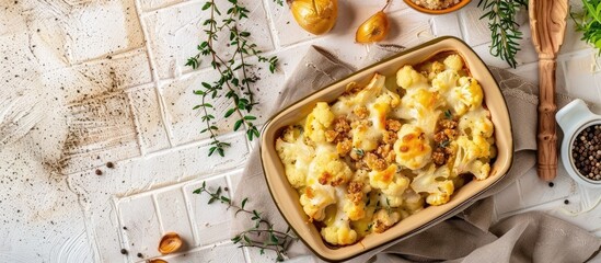 Aufkleber - A delicious autumn vegan casserole with loaded cheesy cauliflower creamy sauce served on a light tiled background with copy space image