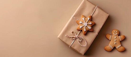 Poster - Top down perspective displaying a festively wrapped Christmas present next to a gingerbread cookie with available empty space for further additions such as text or logos in the image. Creative banner