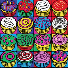 Wall Mural - Seamless illustration of cupcakes and other confectionery useful on its own or as tiles to create a background