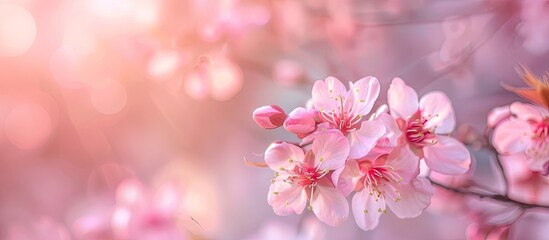 Sticker - Cherry blossoms in soft focus create a spring flower background ideal for design with ample copy space image