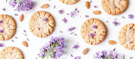 Poster - Almond cookies in pastel colors alongside violet spring flowers on a white background for a copy space image