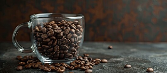 Poster - Coffee beans in a glass mug placed on a dark background illustrating a coffee house theme with a copy space image