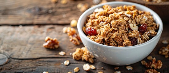 Aufkleber - Copy space image of a bowl filled with homemade organic granola featuring oats and walnuts