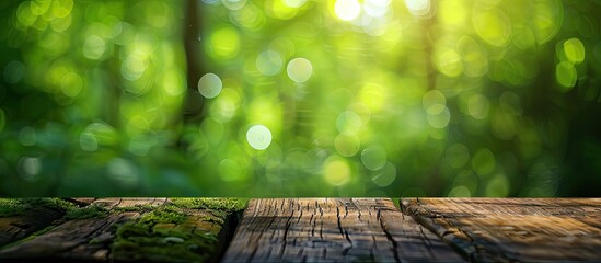 Canvas Print - Blurred green backdrop adds bokeh effect to wooden surface with copy space image