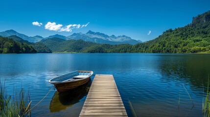 Naklejka na meble  A small boat rests atop a body of water, adjacent to a wooden dock Behind the scene, mountains loom in the distance