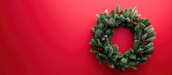 Leinwandbilder - Top down view of a festive green Christmas wreath against a bright background symbolizing traditional New Year decorations and providing space for adding text on the image. Creative banner