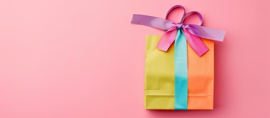 Poster - Top view of a brightly colored gift bag with ribbon on a pink background perfect for holiday occasions with copy space image