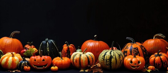 Aufkleber - A black background with pumpkins and Halloween decorations providing ample copy space image