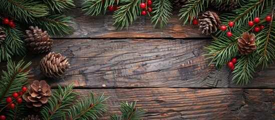 Poster - Top view of Christmas tree branches pine cones and red berries on an old wooden background with copy space image Ideal for Christmas winter holiday and New Year themes