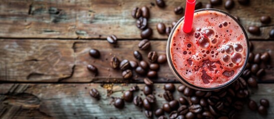 Leinwandbilder - Cold summer drink with a red straw on a wooden table coffee beans in the backdrop above view with detailed flat lay showcasing the copy space image