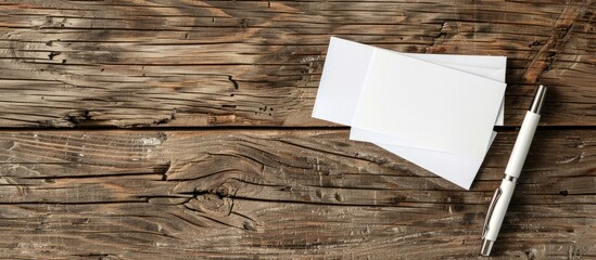 Fototapete - Business cards arranged next to a pen on a wooden surface in a photograph with space for text known as a copy space image