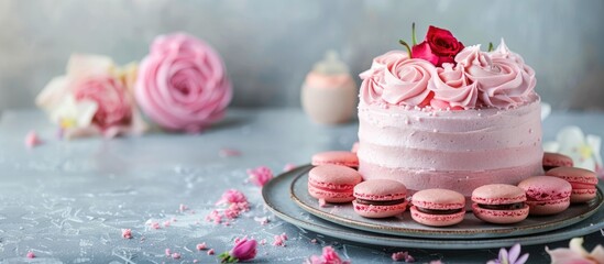 Poster - Cake with pink frosting and macaroons displayed on a table with copy space image