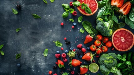 Wall Mural - Fresh fruits and vegetables on dark rustic background