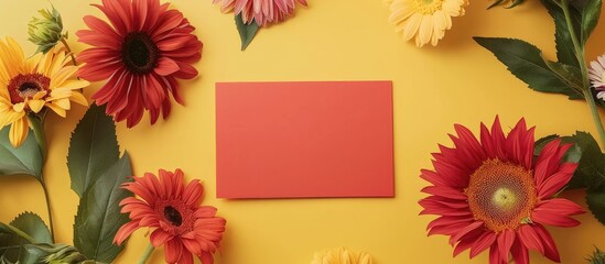 Fototapete - Aerial view of an empty orange card alongside sunflower gerbera and lily flowers on a yellow background with copy space image