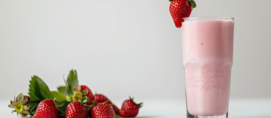 Aufkleber - A delicious pink beverage made from strawberries and milk displayed on a white backdrop providing a clear view of the drink perfect for a copy space image