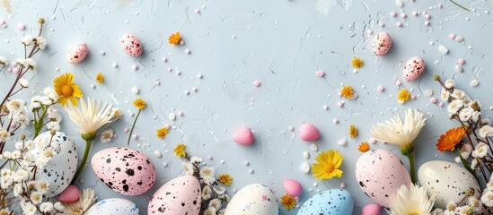 Leinwandbilder - Top down view of Easter themed background featuring eggs spring flowers and a blank space for adding text or images. Creative banner. Copyspace image
