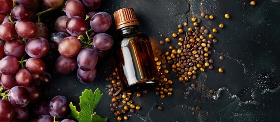 Poster - A bottle of natural essential oil organic red grapes seeds on a black table with copy space image available