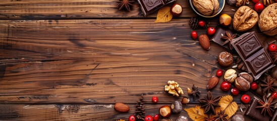 Poster - Colorful wooden background with chocolate pieces and nuts creates an appealing copy space image