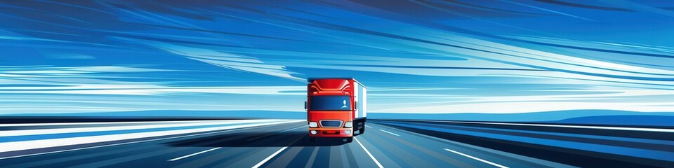 Poster - A red semi-truck drives down a straight highway with a clear blue sky above and white lines on the road. Generative AI