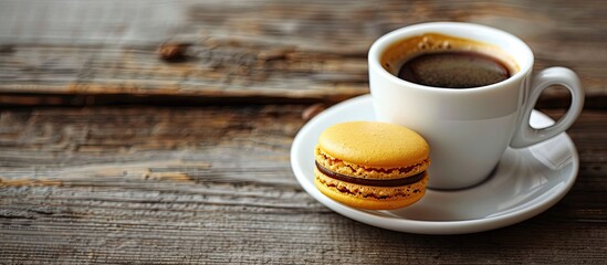 Poster - Coffee cup and macaroon on a wooden table with room for a copy space image