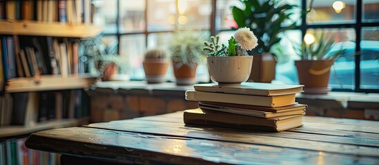 Poster - Coffee shop work desk with a wooden table adorned with a stack of books and a flower bathed in evening light providing an ideal copy space image
