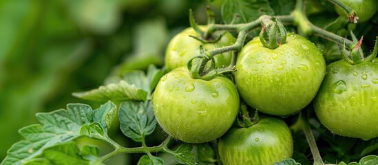 Aufkleber - A close up of a bunch of green tomatoes on a bush in the garden isolated with copy space image