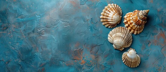 Wall Mural - Abstract top view composition featuring seashells against a textured blue background with copy space image