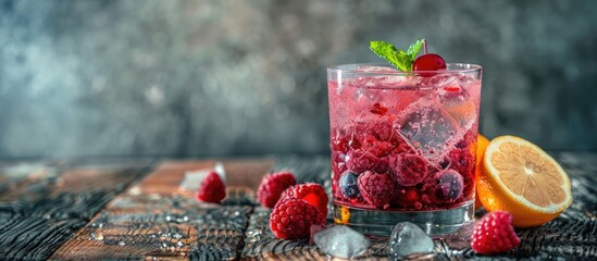 Poster - A cocktail with ice berries and lemon placed on a wooden surface with a focused composition offering ample copy space image