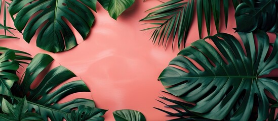 Aufkleber - Colorful background with tropical leaves in a flat lay composition with space for text in the image. Creative banner. Copyspace image