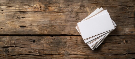 Fototapete - Business cards arranged neatly on a rustic wooden table with ample copy space image