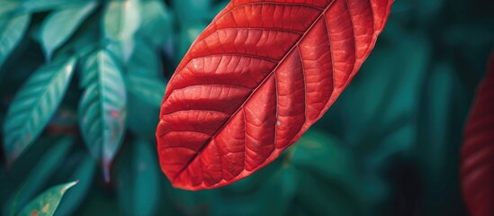 Aufkleber - Detailed close up shot of a red leaf s texture against a blurred garden backdrop with ample copy space for a nature inspired image emphasizing greenery and freshness