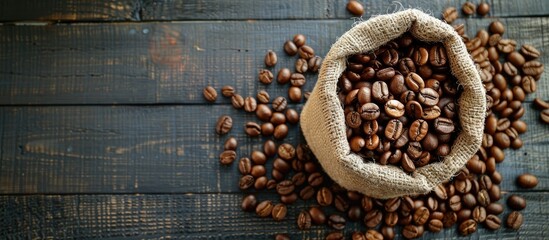Poster - Coffee beans roasted and placed in a burlap sack on a wooden rustic backdrop with ample copy space image