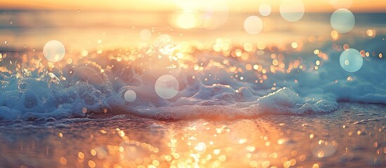 Poster - Abstract background of a blurred tropical beach illuminated by bokeh sunlight waves ideal for promoting outdoor summer vacations with a vintage color filter effect Features ample copy space image