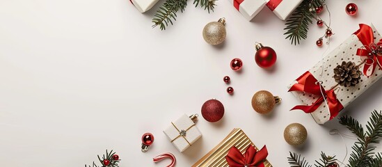 Poster - View from above of decorative Christmas gift boxes and balls on a white surface with copy space image