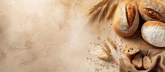 Poster - Bread made of wheat flour displayed on a table with an available area for adding text in an image. Creative banner. Copyspace image