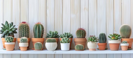 Sticker - An array of green cacti in flowerpots decorates a shelf against a white wooden wall creating a charming display with copy space image