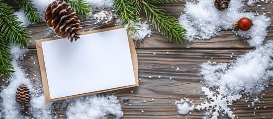 Aufkleber - View a Christmas themed copy space image with a card pine cone and branch on a snowy wooden background
